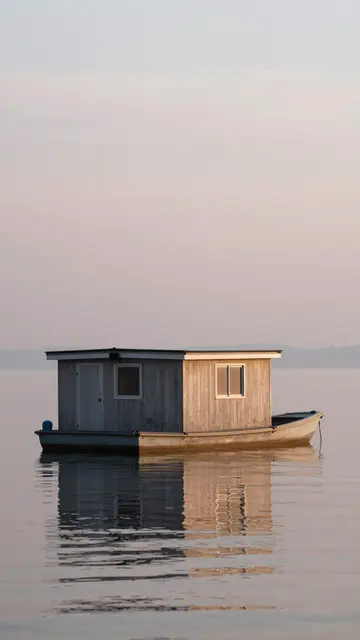 A small wooden floating cabin rests on still lake water beneath pale pink early morning sky