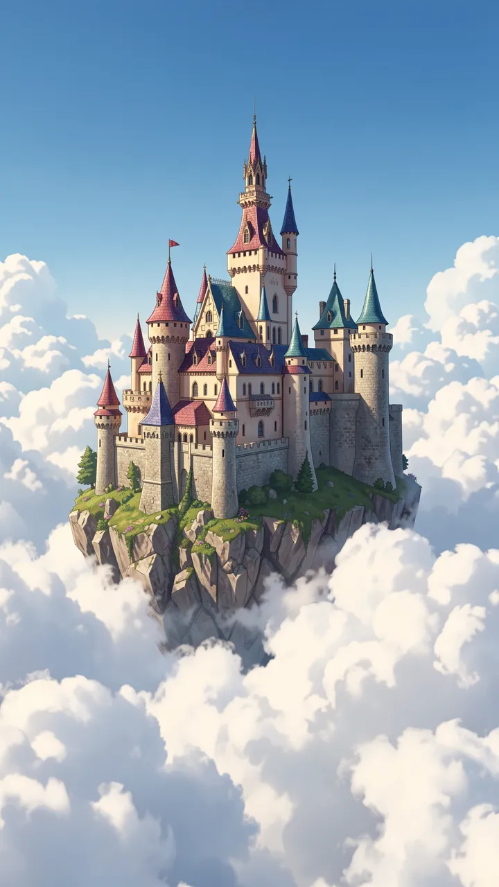 A fairytale stone castle perched on a rocky floating island surrounded by fluffy white clouds under a bright blue sky