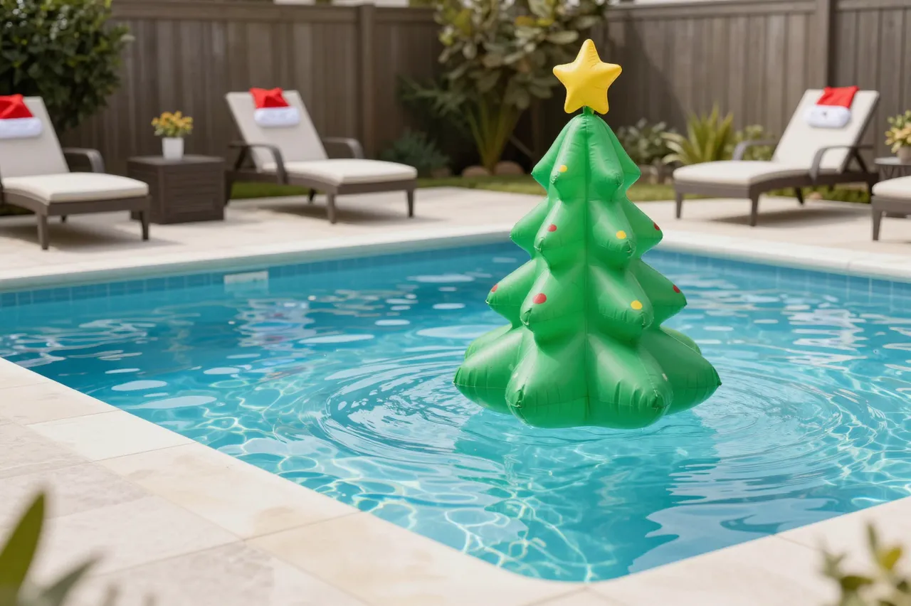 An inflatable Christmas tree floats in a backyard pool next to lounge chairs with Santa hats