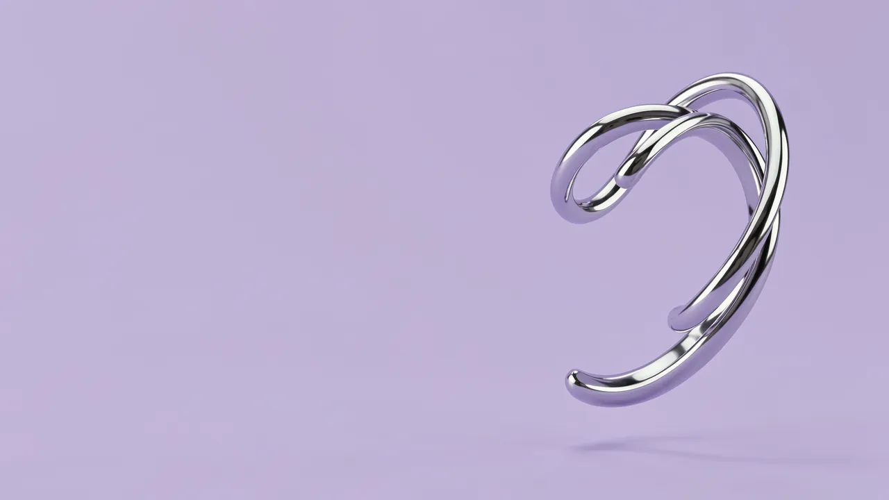 Twisted polished chrome rings float at the right side of a smooth soft lilac background with empty copy space.