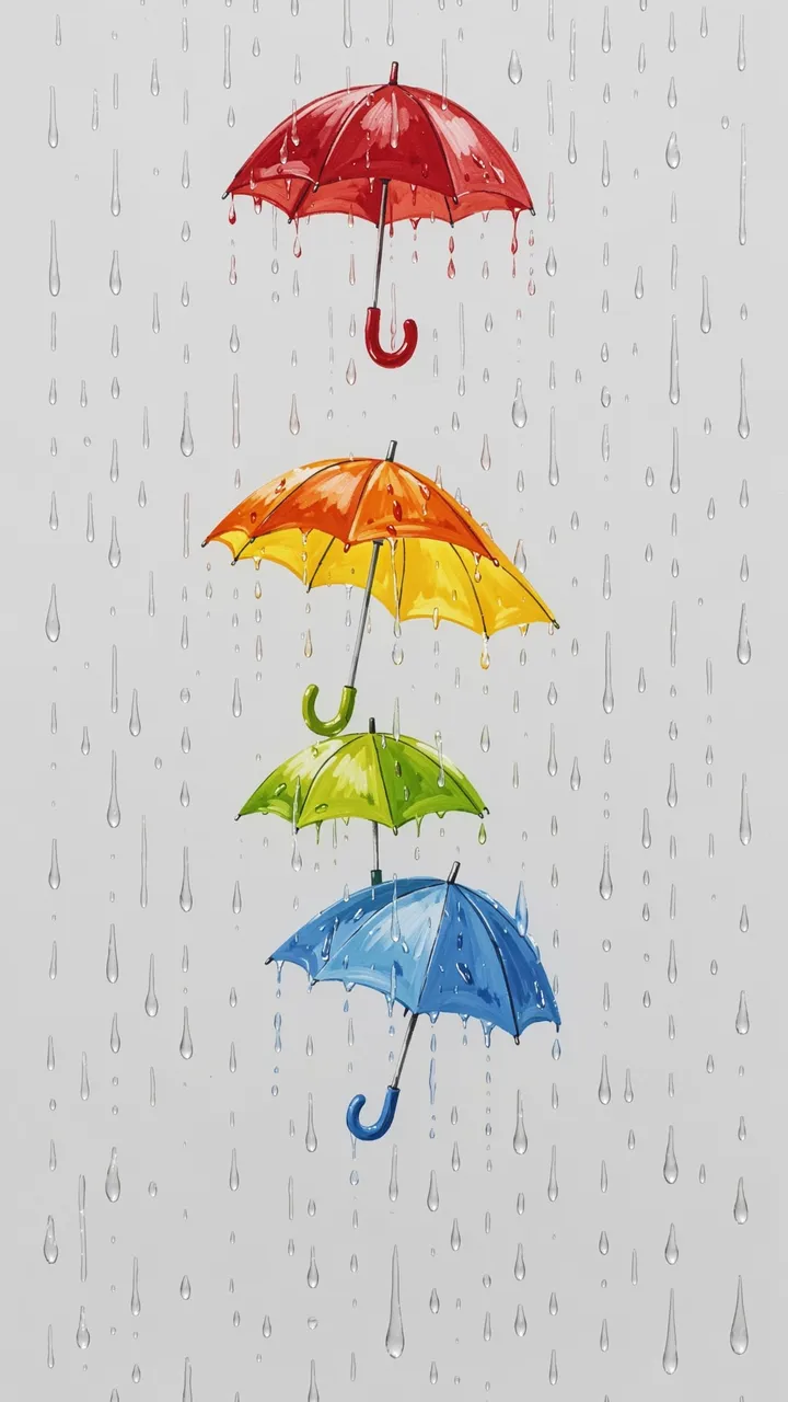 Hand-painted stacked red, orange-yellow, green, and blue umbrellas float among falling raindrops on a pale gray backdrop