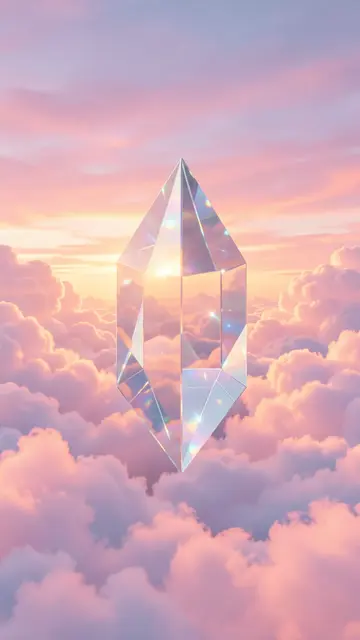 A faceted clear glass prism floats above fluffy pastel clouds at soft sunset.