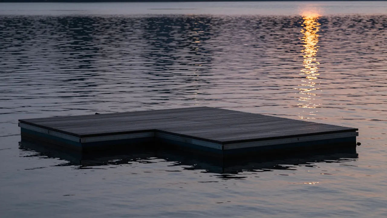 Wooden floating platform rests on calm rippled lake water at dusk with golden light reflection