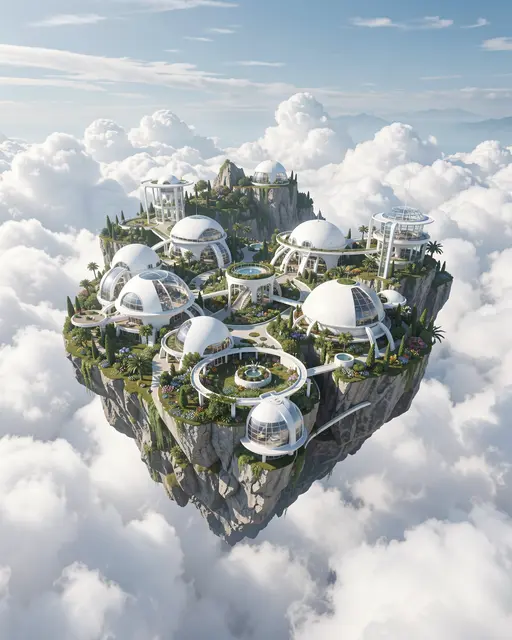 A futuristic floating island with white domed buildings and gardens drifts above a sea of fluffy clouds