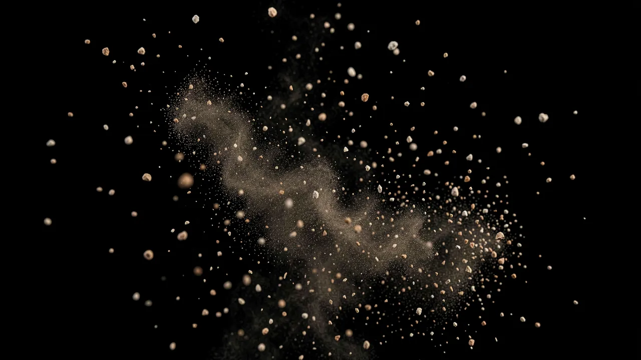 Layered sharp and blurred dust and grain particles float scattered against a solid pure black background.
