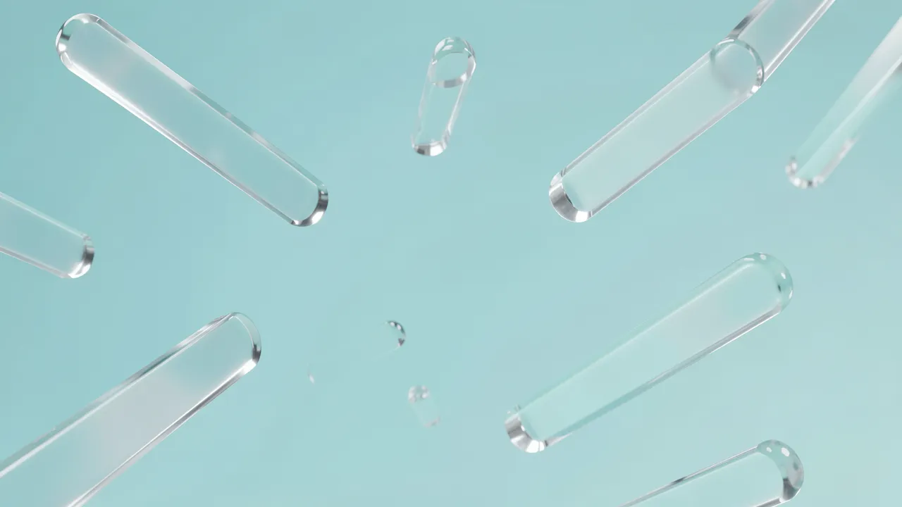 Transparent rounded frosted glass bars float at varying angles over a soft mint blue gradient background