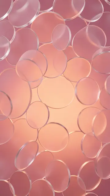 Translucent frosted glass discs float over a soft pink to orange vertical glowing gradient background