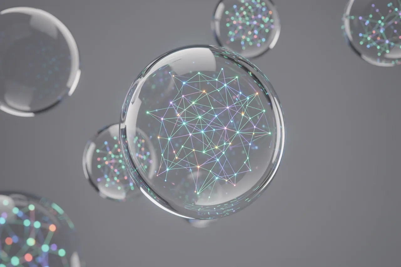 Transparent floating glass spheres hold glowing neural network nodes against a soft gray background