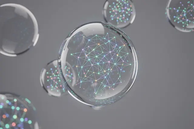 Transparent floating glass spheres hold glowing neural network nodes against a soft gray background