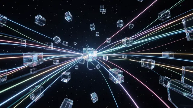 Colorful glowing light streams connect transparent floating glass cubes against a dark starry space background