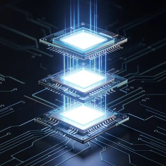 Three stacked glowing microchips are linked by blue light beams over a circuit board background