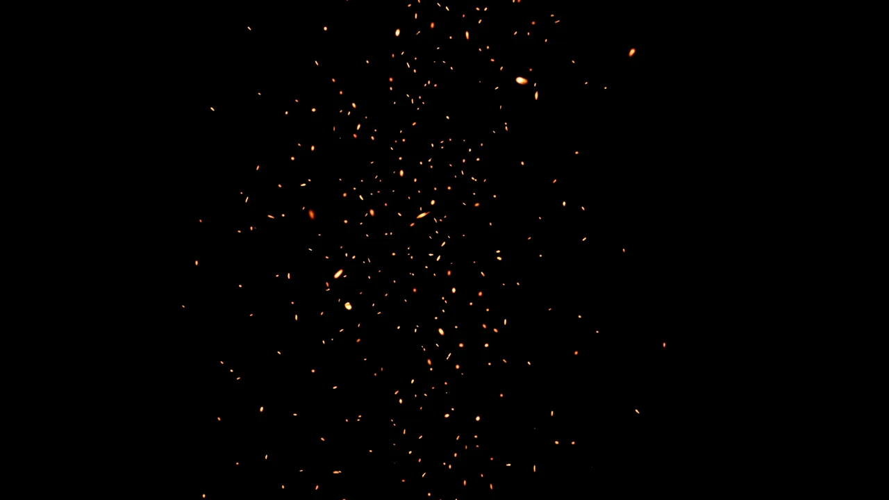 Tiny glowing golden and orange embers drift upward against a solid pure black background