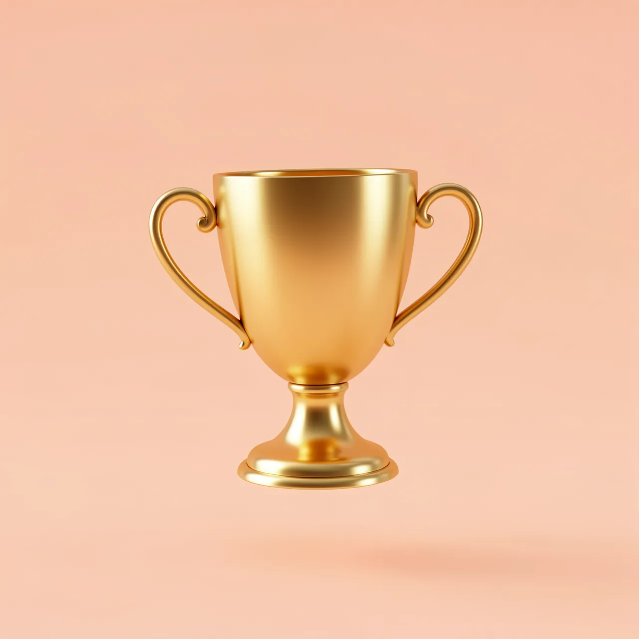 A polished gold trophy cup with two handles floats above a pastel peach background