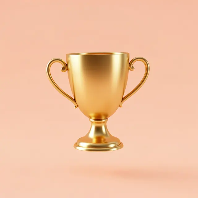 A polished gold trophy cup with two handles floats above a pastel peach background