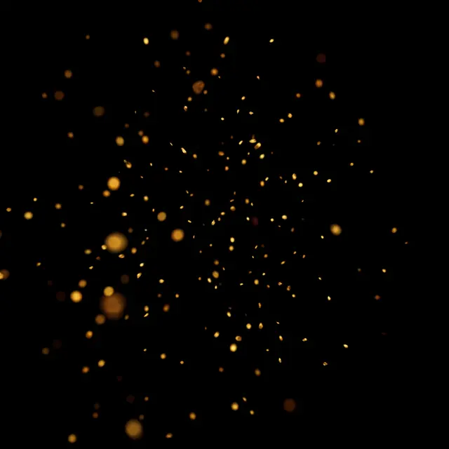 Scattered golden floating embers of varying sharpness drift across a solid pure black background