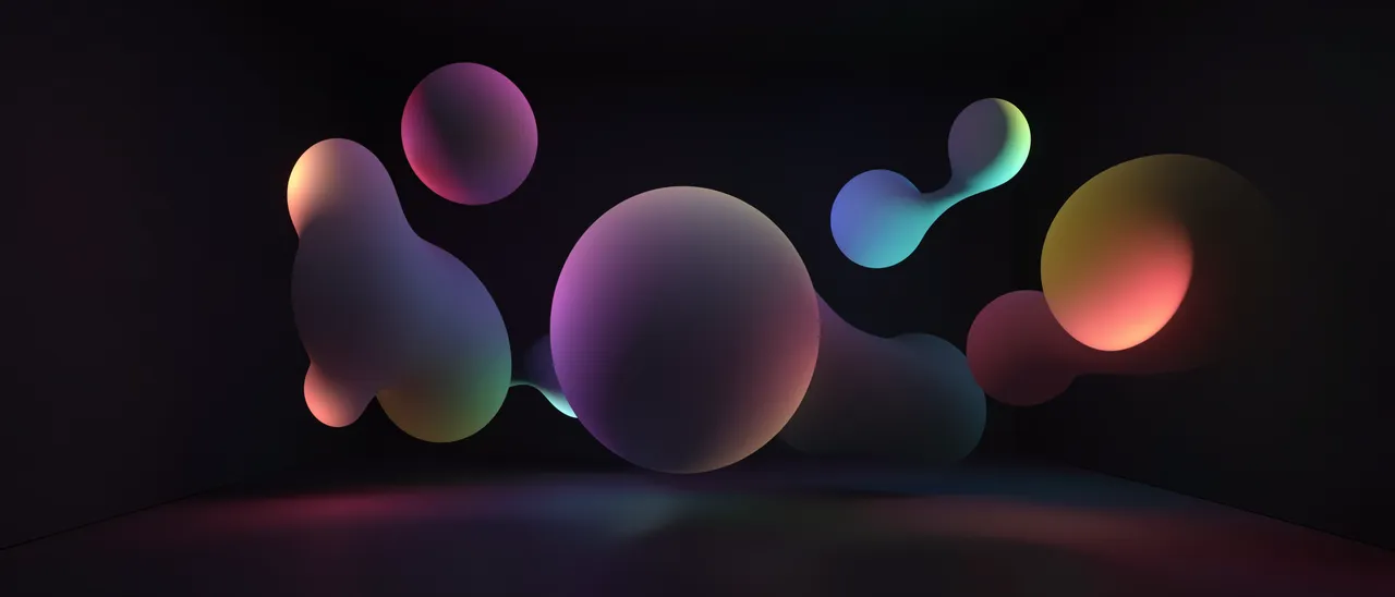 Smooth gradient spheres and organic blobs float inside a dark room lit by soft colored rim lighting