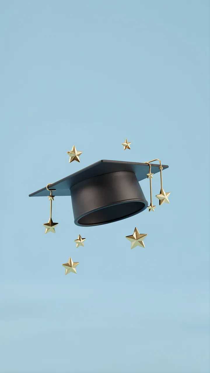 A black graduation cap with golden stars floats over a soft pastel blue background with empty upper copy space
