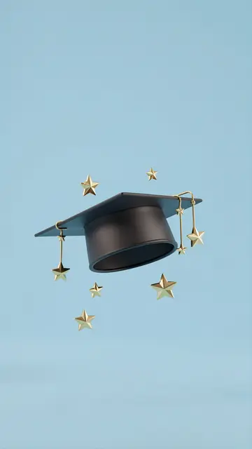 A black graduation cap with golden stars floats over a soft pastel blue background with empty upper copy space
