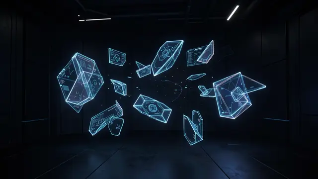 Glowing blue wireframe holographic shapes float suspended inside a dark futuristic room