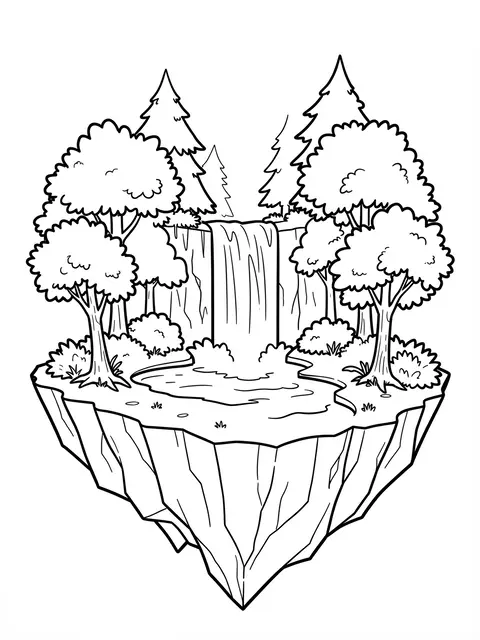 Black and white bold line art of a floating island with a waterfall and trees on a plain white background