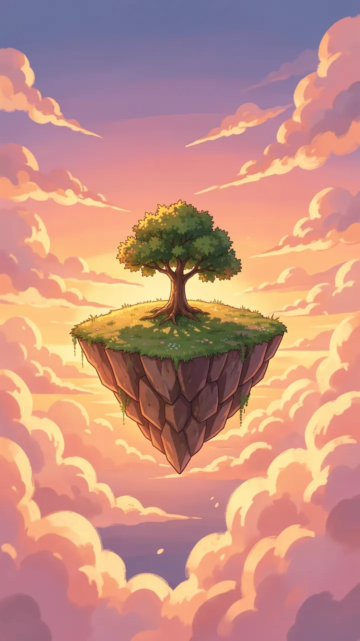 A small floating island with a lone tree drifts among soft clouds during a warm sunset