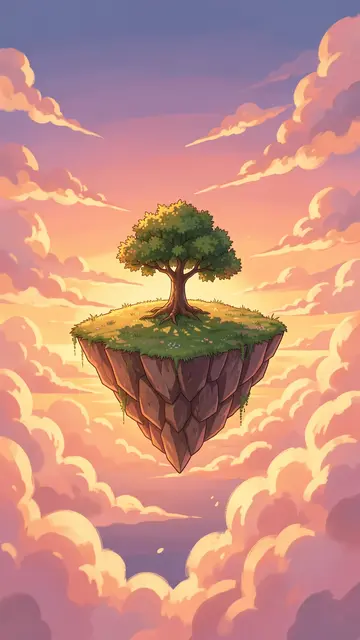 A small floating island with a lone tree drifts among soft clouds during a warm sunset