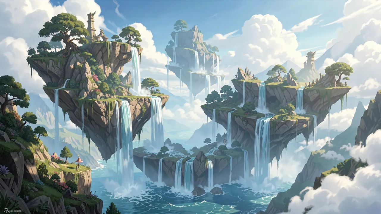 Illustration of tiered floating rocky islands with cascading waterfalls rising above fluffy clouds