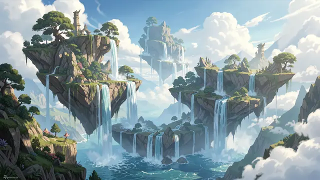 Illustration of tiered floating rocky islands with cascading waterfalls rising above fluffy clouds