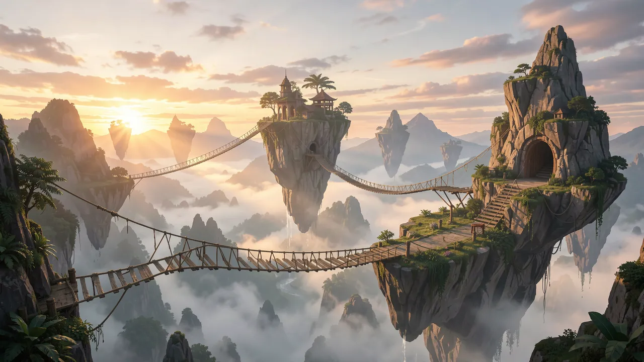 Floating fantasy islands linked by rope bridges above misty clouds at golden sunrise