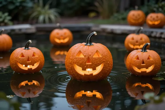 Lit carved jack-o'-lanterns float on a dark rippled garden pond with glowing reflections at night.