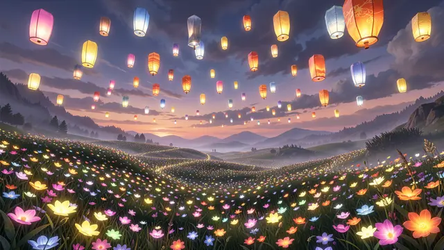 Glowing wildflower meadow under a dusk sky filled with drifting luminous sky lanterns