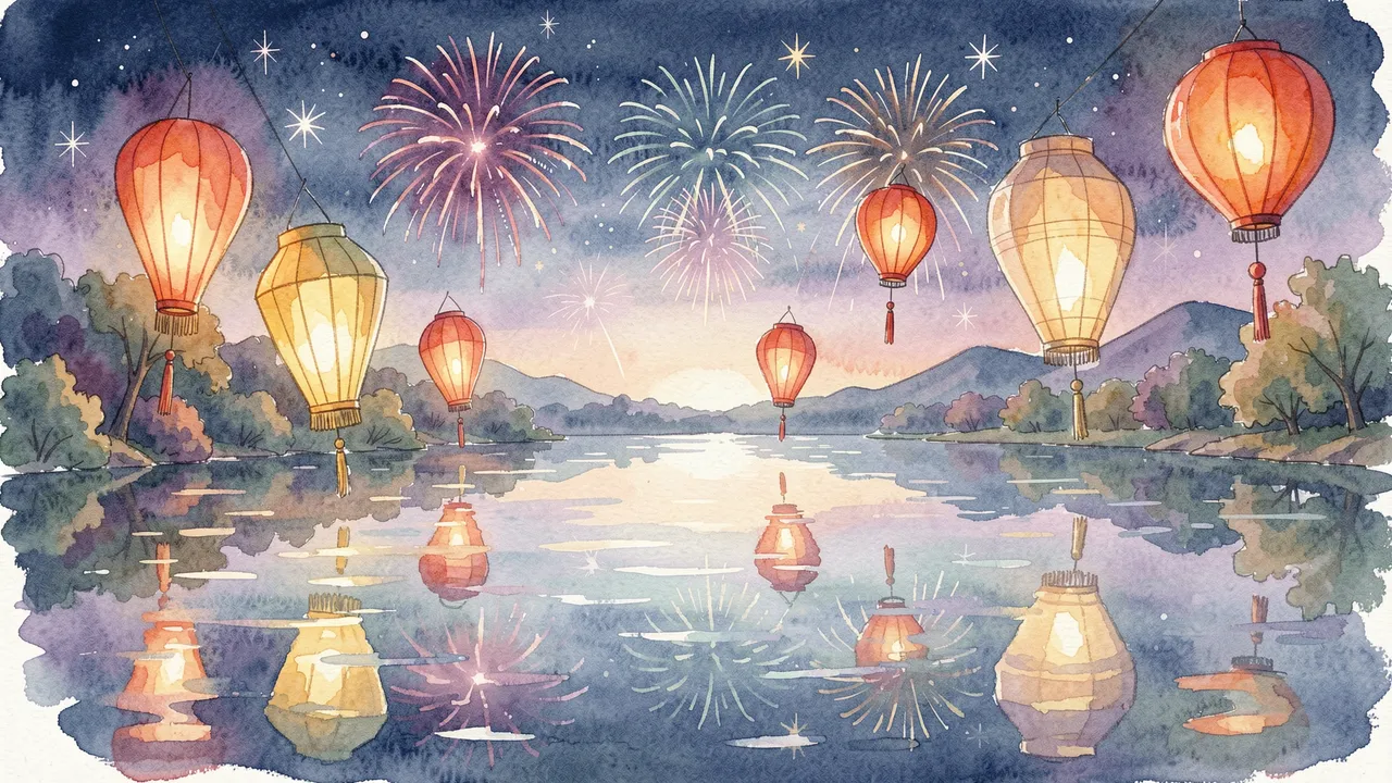 Warm glowing paper lanterns float above a calm lake with distant fireworks lighting the twilight sky