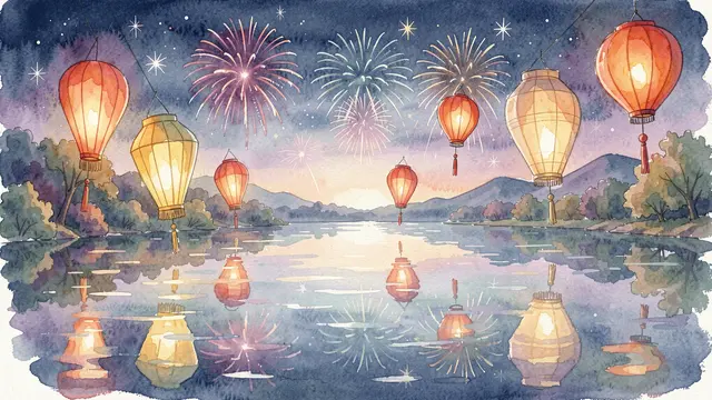 Warm glowing paper lanterns float above a calm lake with distant fireworks lighting the twilight sky