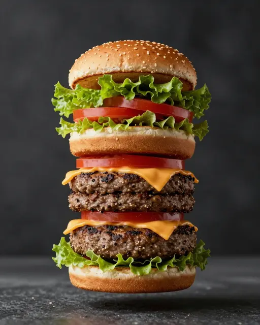 Suspended stacked burger layers hover apart against a dark muted background