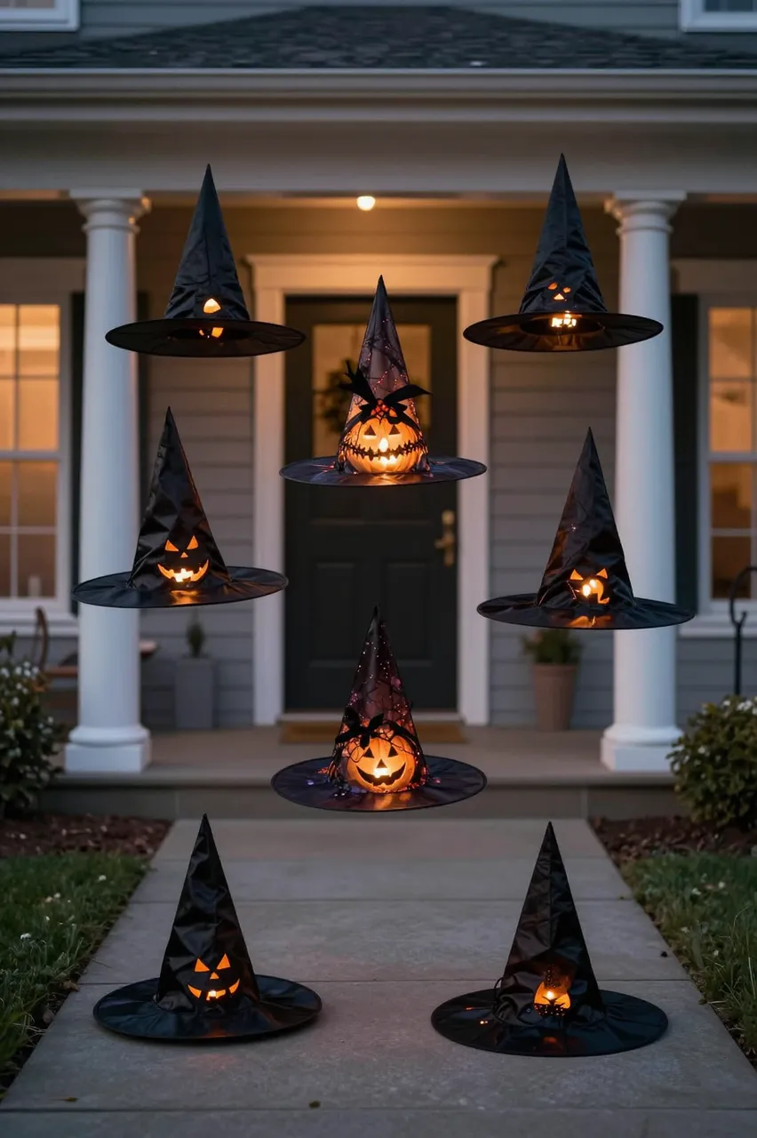 Illuminated floating black witch hat Halloween decorations line a home front walkway at night