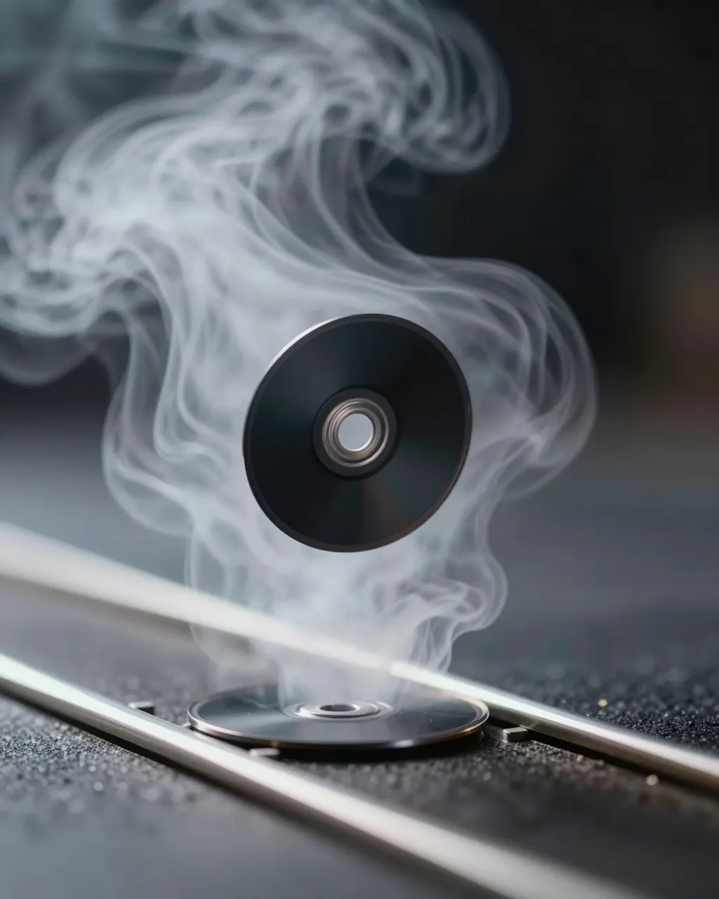 A small black floating disc hovers above a metallic track surrounded by swirling white vapor on a dark background