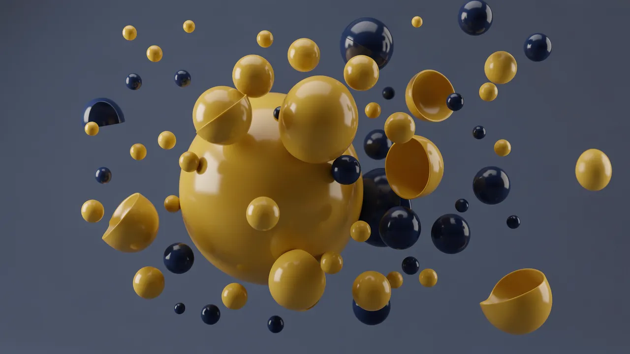 Glossy yellow and navy spheres and half-spheres float against a muted dark gray background