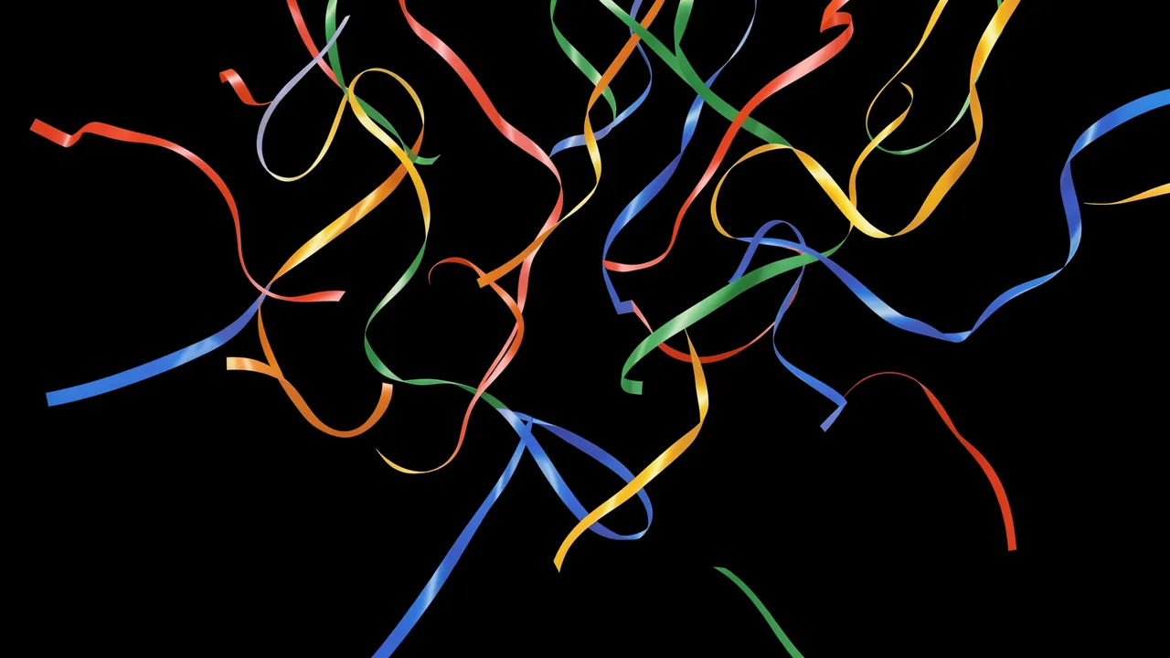 Curled multicolored thin ribbons tumble against a solid pure black background