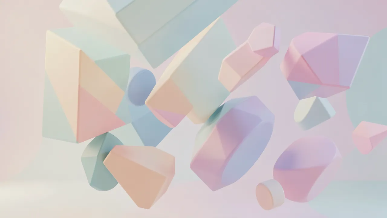 Smooth 3D geometric shapes float softly against a muted pastel gradient background.