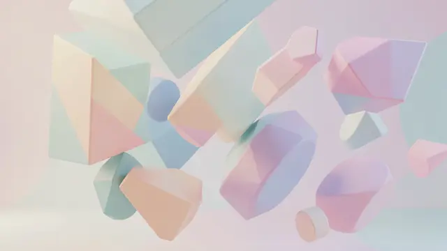 Smooth 3D geometric shapes float softly against a muted pastel gradient background.