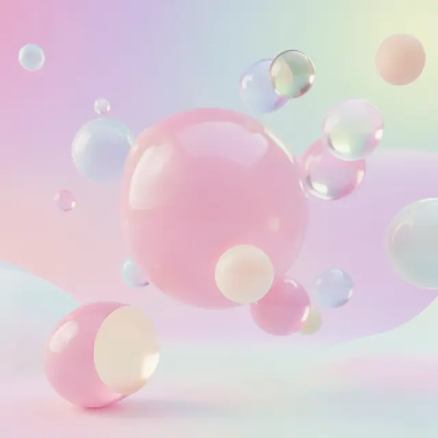 Glossy and transparent pastel spheres float against a soft gradient pastel background