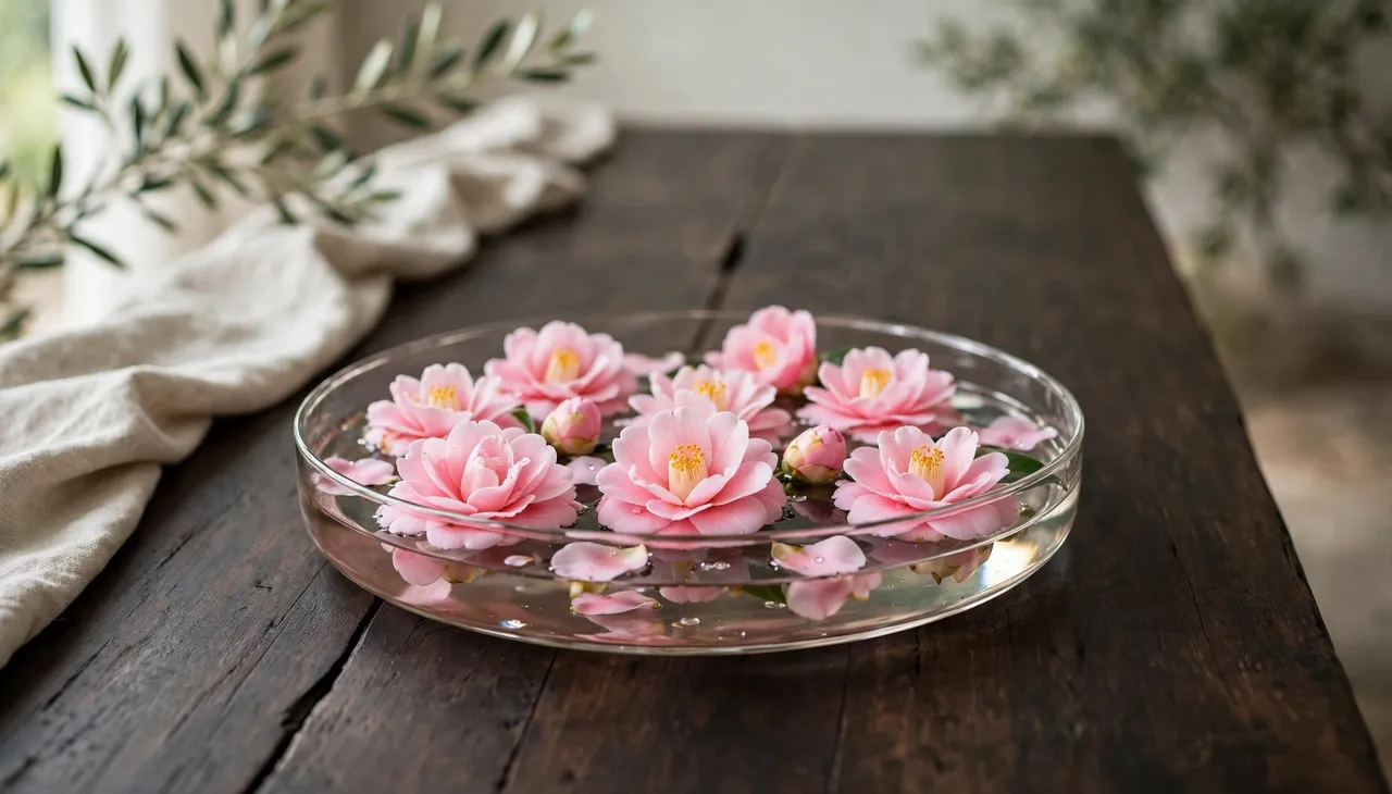 Pink camellia blooms float in a shallow glass bowl on a dark wooden table with linen and greenery