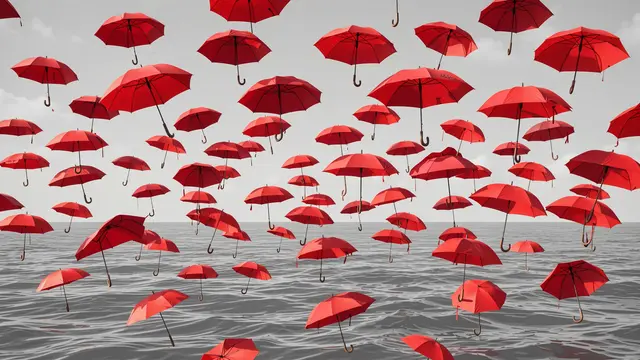Dozens of bright red umbrellas float suspended above a calm gray overcast sea