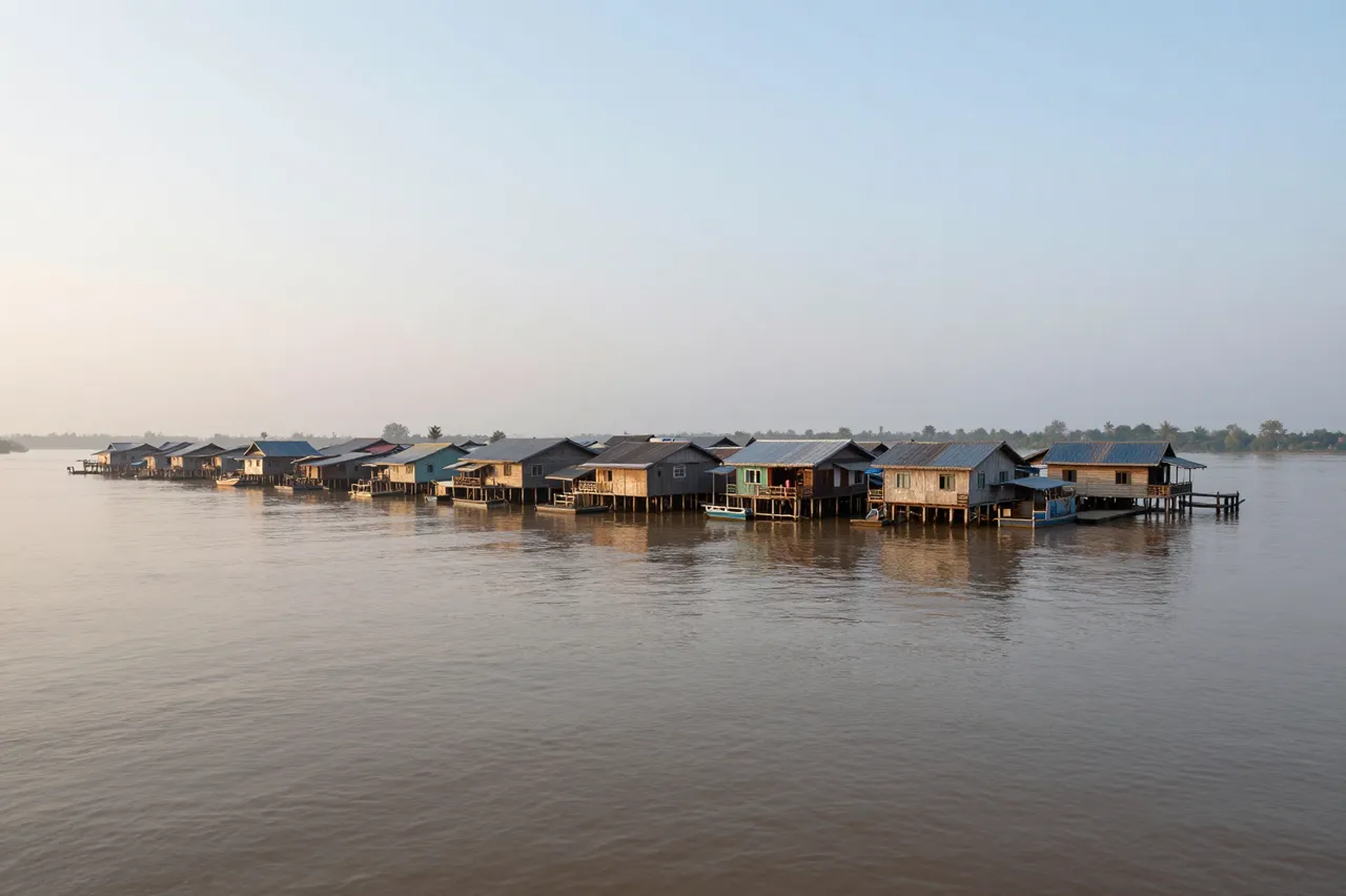 A line of stilted wooden floating houses stretches across a wide brown misty river at early dawn