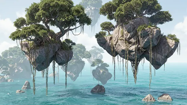 Fantasy floating rock islands with trees and hanging vines drift above a calm turquoise ocean under a pale sky