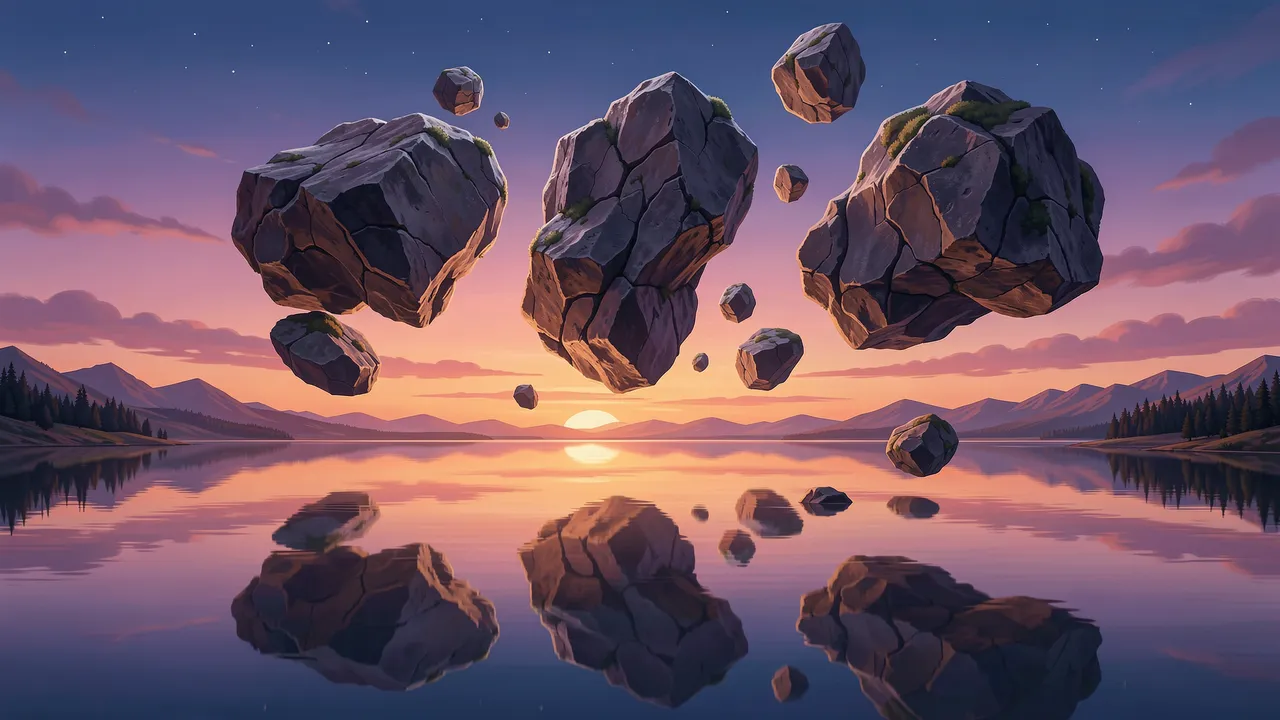 Surreal floating mossy boulders hover above a still reflective lake at sunset