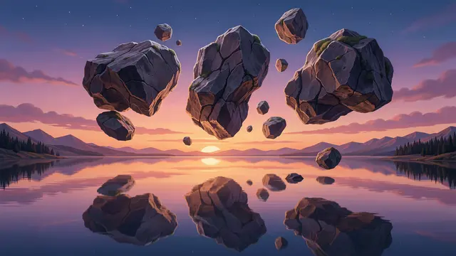 Surreal floating mossy boulders hover above a still reflective lake at sunset