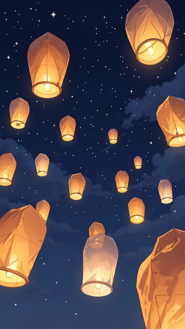 Glowing floating paper lanterns drift upward through a starry dark night sky