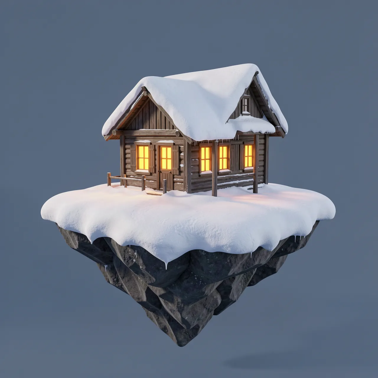 A cozy snow-covered log cabin with glowing windows sits on a small floating snow and rock island against a muted blue