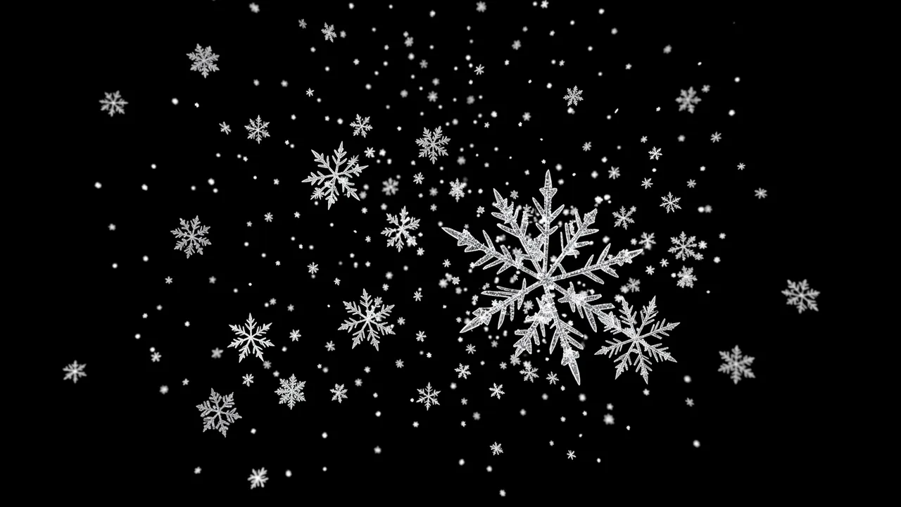 Large sharp foreground snowflakes and tiny drifting snow particles float over a solid pure black background.